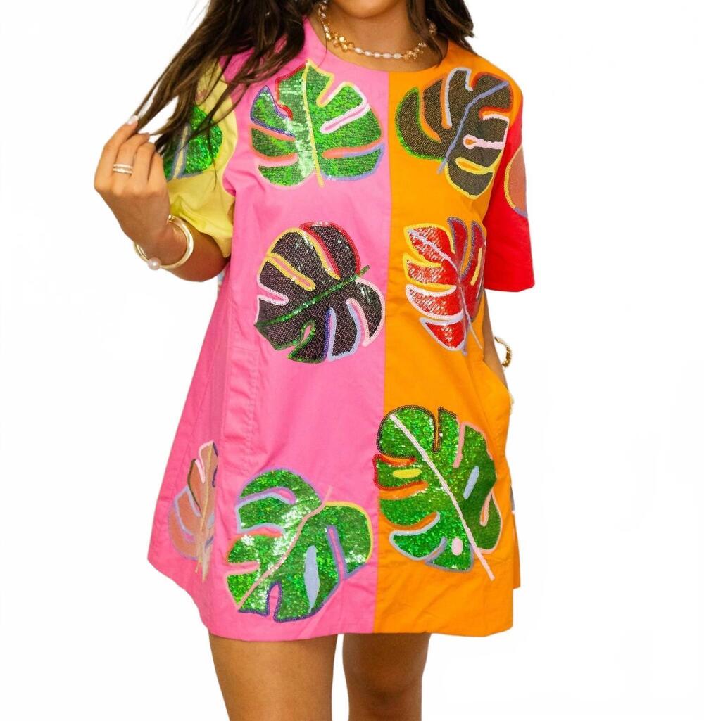 NEW QUEEN OF SPARKLES colorblock cotton palm leaf short sleeve dress in multicol